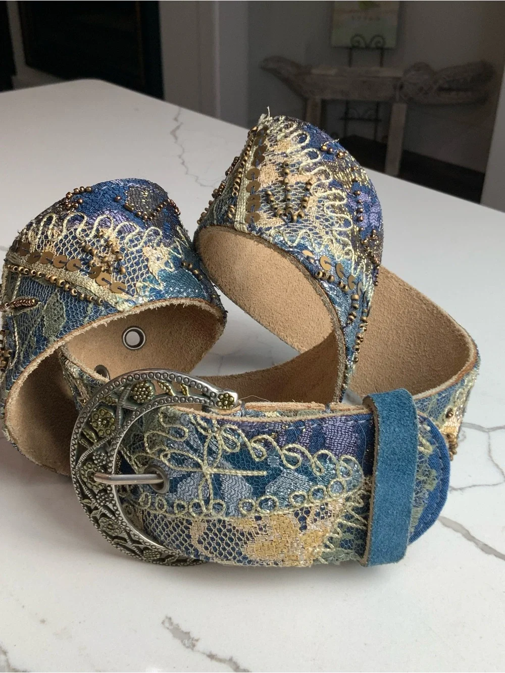 ✨ Chico's Embroidered Beaded Boho Laced Leather Statement Belt Size Small up to